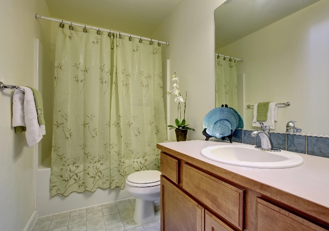 Quaint Bathroom with Shower Curtain Sink and Toilet